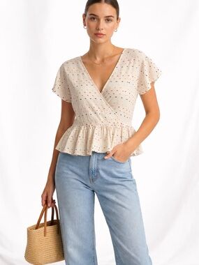 Madewell Cream Peplum Wrap Top XXL Cream Multicolor Clip Dot Boho Cottagecore